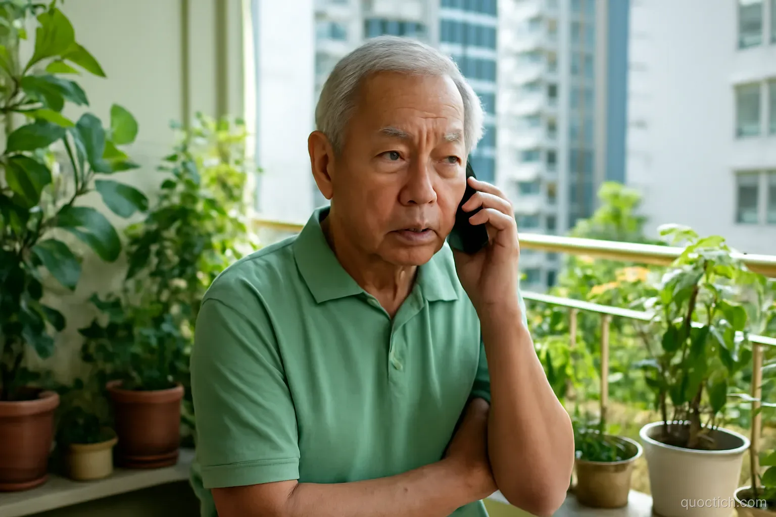 Elderly Vietnamese man talking on a phone with a cautious thoughtful expression on a sunlit apartment balcony full of potted plants in Ho Chi Minh City, medium shot, fresh green tones